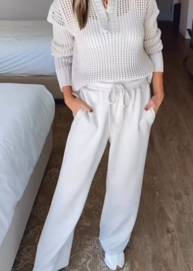 Women Round Neck Plaid Hollow Top + Drawstring Pants Casual Suit