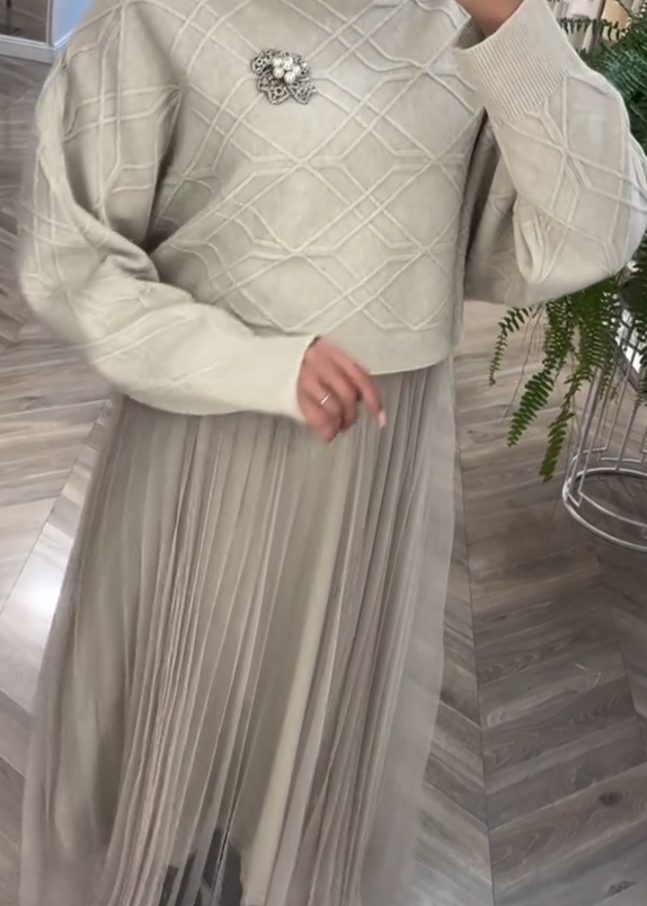 Ladies Wearing A Mesh Dress and A Turtleneck Sweater Leisure Suit