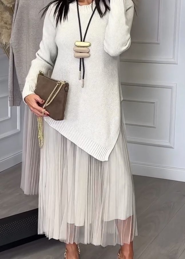 Ladies Inner Mesh Pleated Dress+ Irregular Knitted Sweater Casual Set