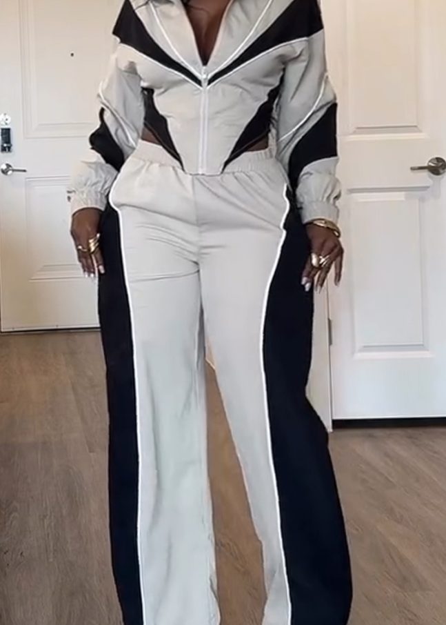 Ladies Lapel Contrast Color Jacket + Pants Casual Suit