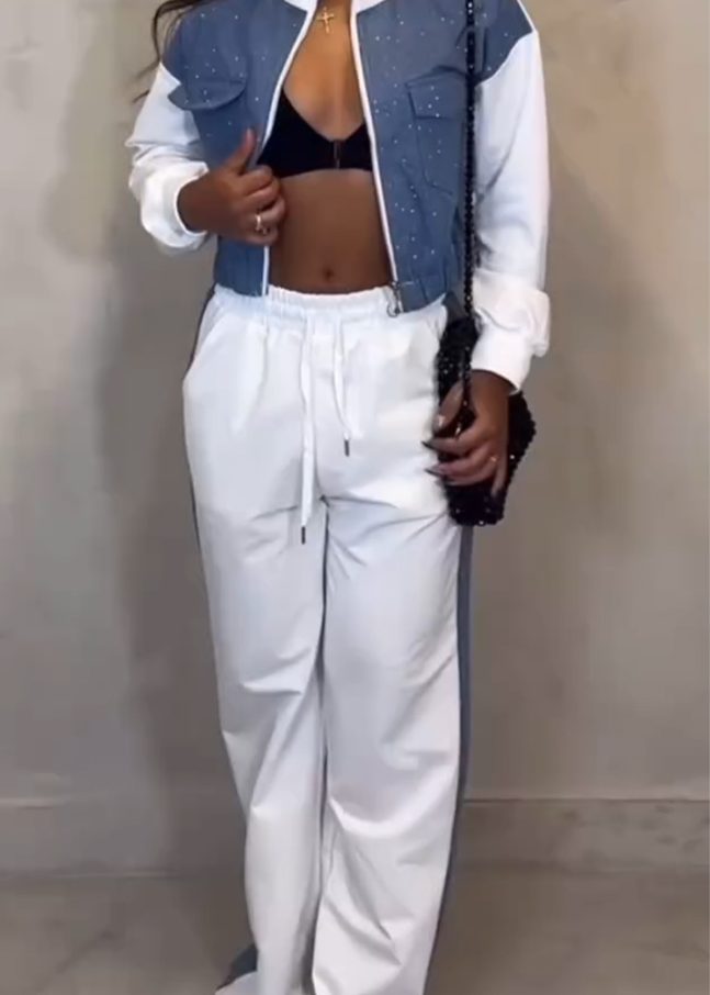 Women Stand Collar Patchwork Rhinestone Jacket + Trousers Casual Set