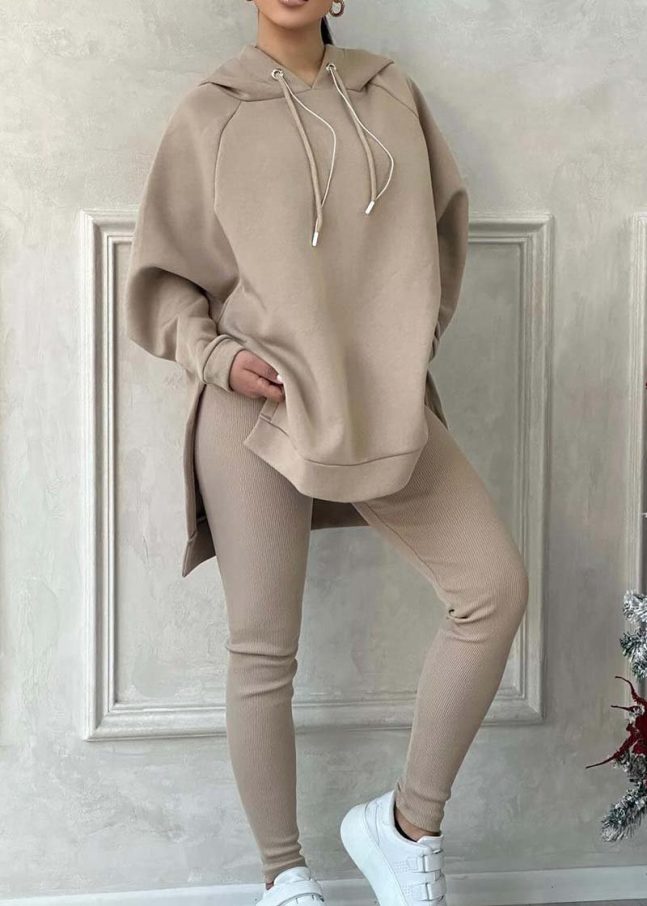 Women's casual solid color slit hem hooded sweatshirt sports suit